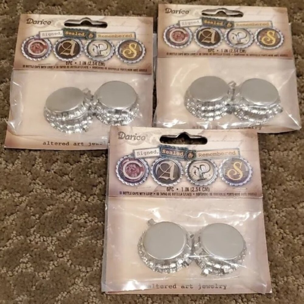 3 sets Altered Art Jewelry Bottle Caps 1 in Silver 18ct Beer Pop Soda Metal NIP